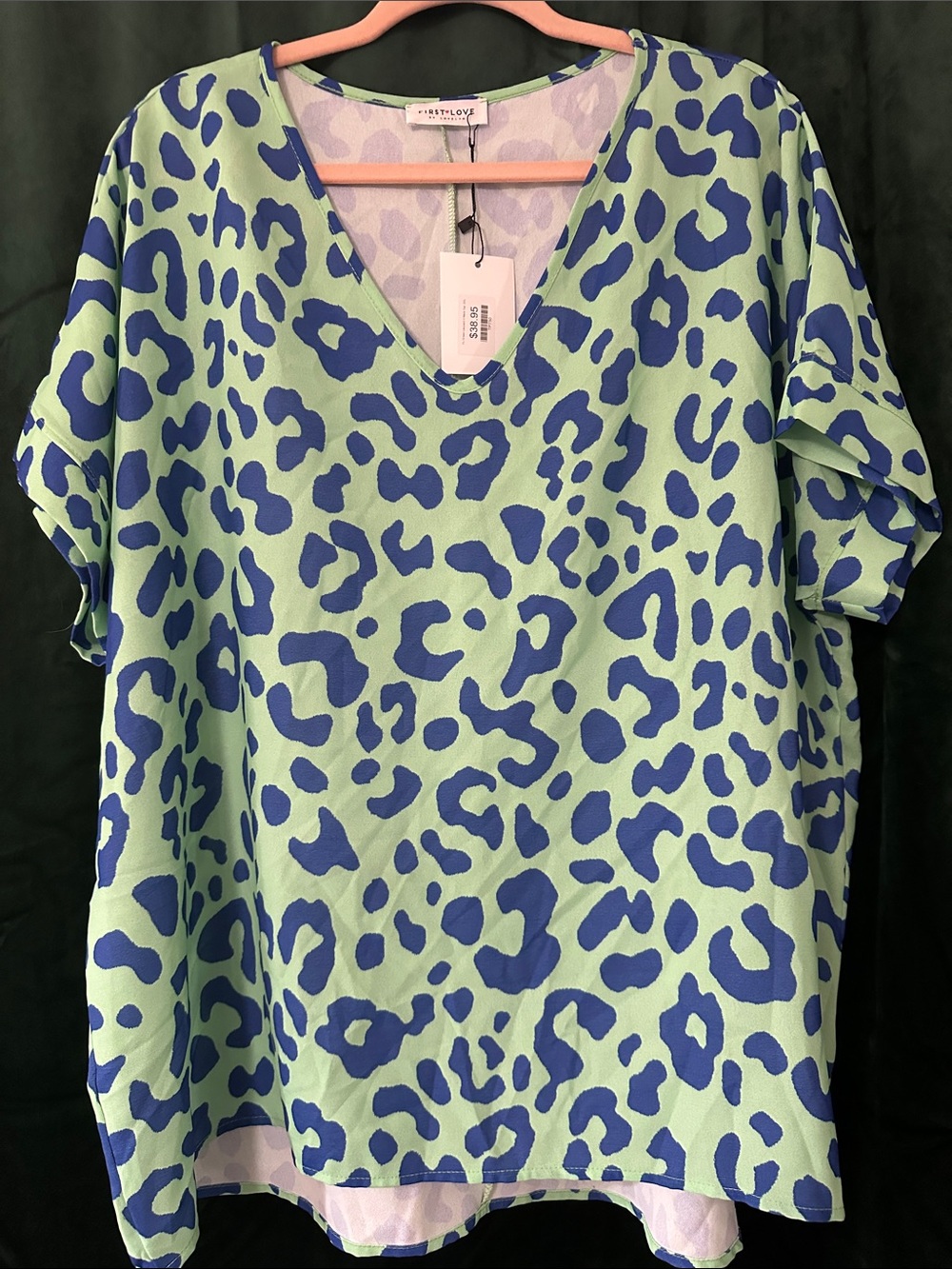 Mint Green V-Neck Tunic with Blue Leopard Print